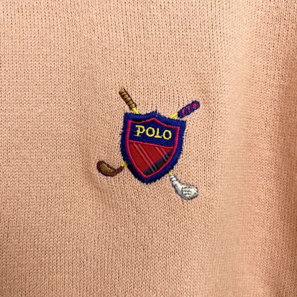POLO Ralph Lauren Pure Cashmere Sweater Tan Golf Shield Logo Vintage Mens XL - Picture 3 of 6